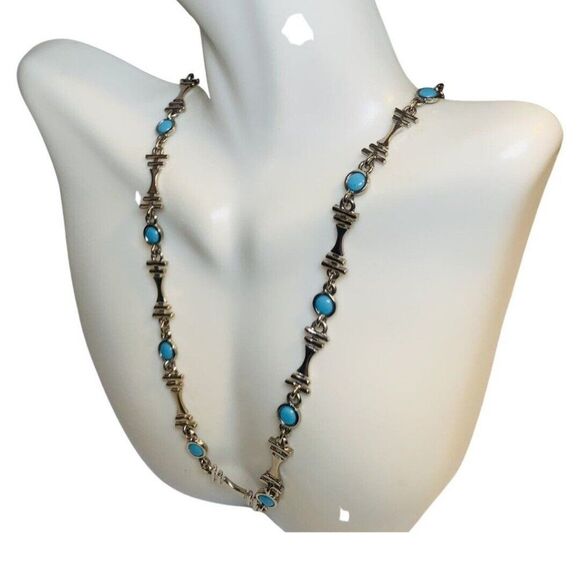 Blue Turquoise Silver Tone Station Vintage Bohemian Minimalist Necklace 27” - Picture 6 of 13